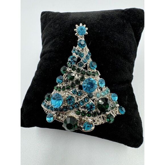 Silver Tone Christmas Tree Blue Green Rhinestone Brooch Holiday Party Pin - Picture 7 of 7